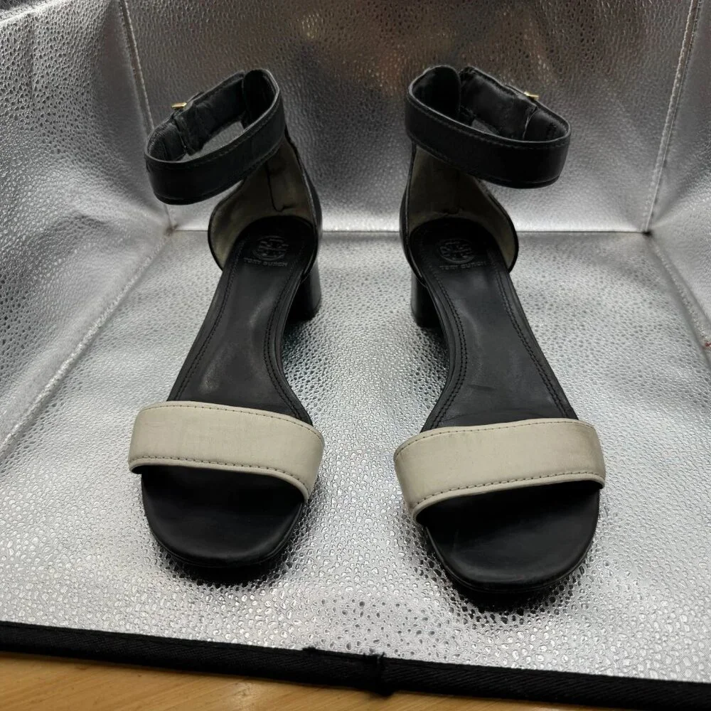 Size 9.5‎ M Tory Burch Black White Womens Two-Tone Block Heel Strappy Sandals